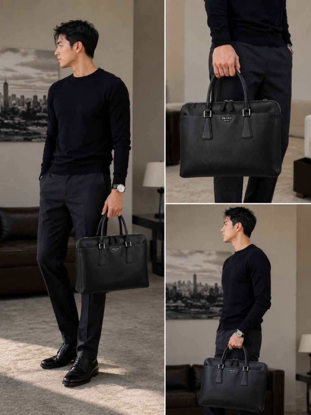 PRADA Saffiano Leather‎ Black Tote Bag Structured Work Bag Elegant Business
